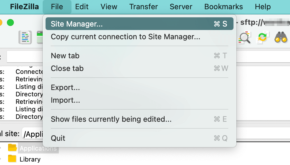 Klicke auf File, dann Site Manager