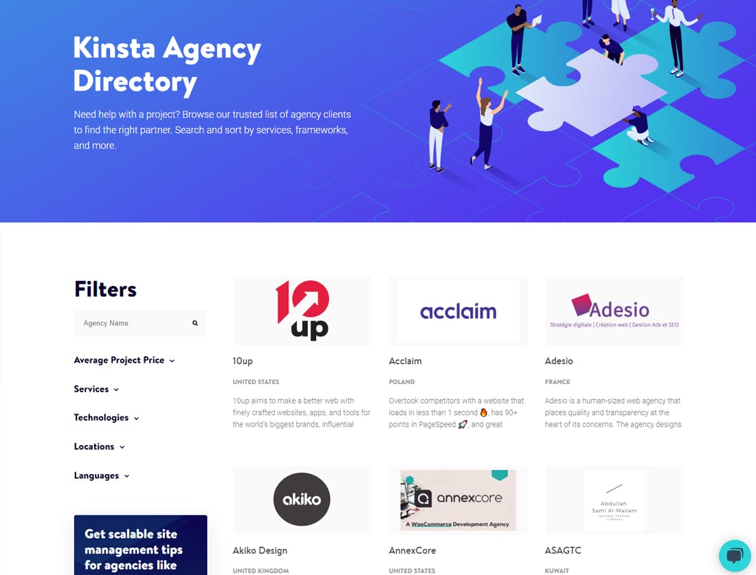 Kinsta es una plataforma de alojamiento gestionado centrada en las agencias, y apoya a las agencias con su Directorio de Agencias Kinsta.