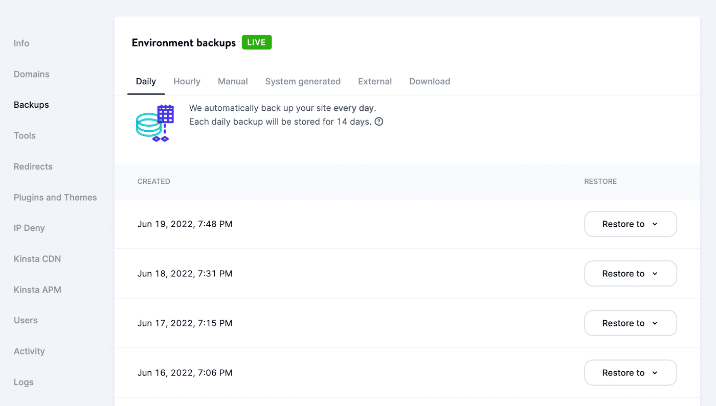 The backups tab in MyKinsta