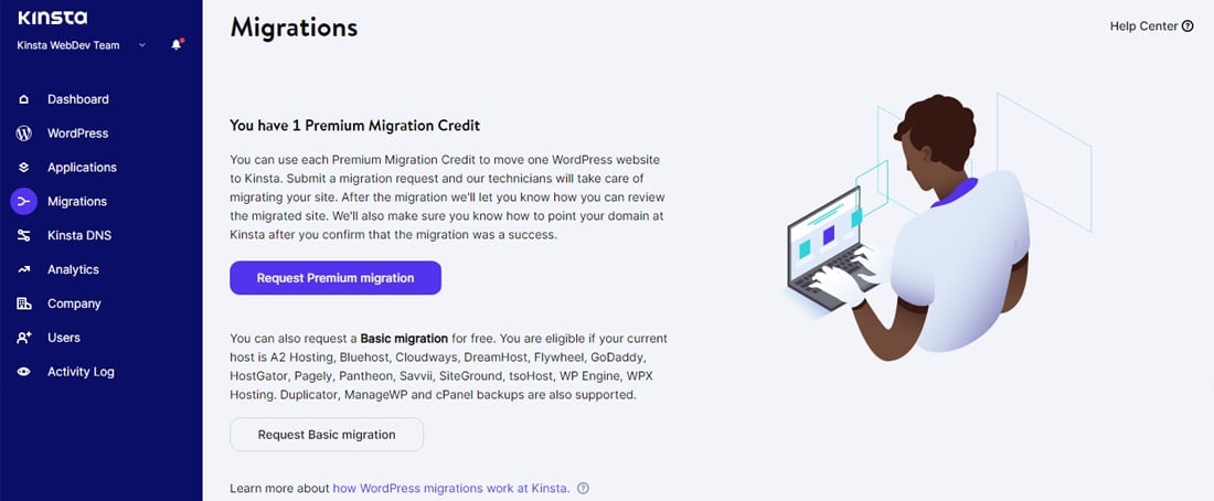 Begäran om migrering av en webbplats via MyKinsta.