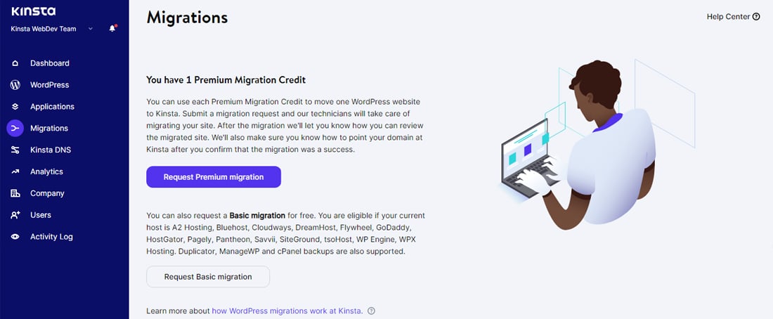 Anmodning om webstedsmigrering gennem MyKinsta dashboard.