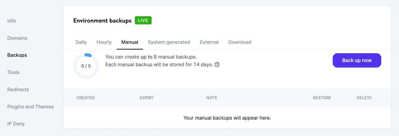 Manual backups in MyKinsta