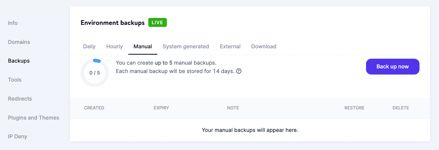 Eseguire un backup manuale