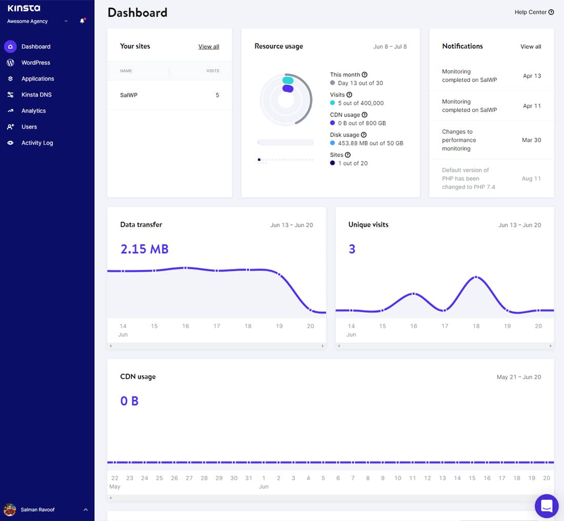 Et screenshot af MyKinsta dashboard.