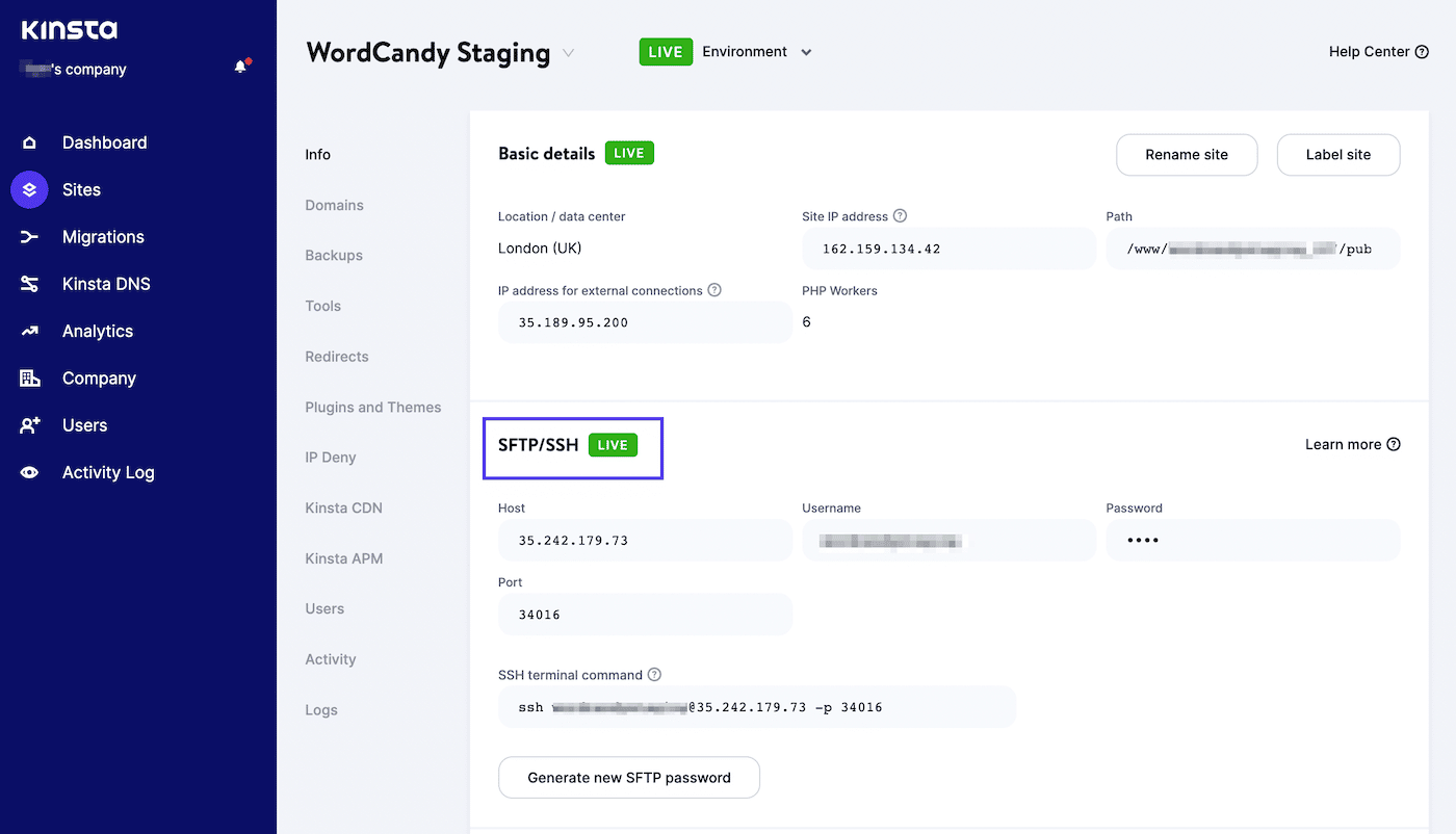 Navigate to the SFTP/SSH section in MyKinsta