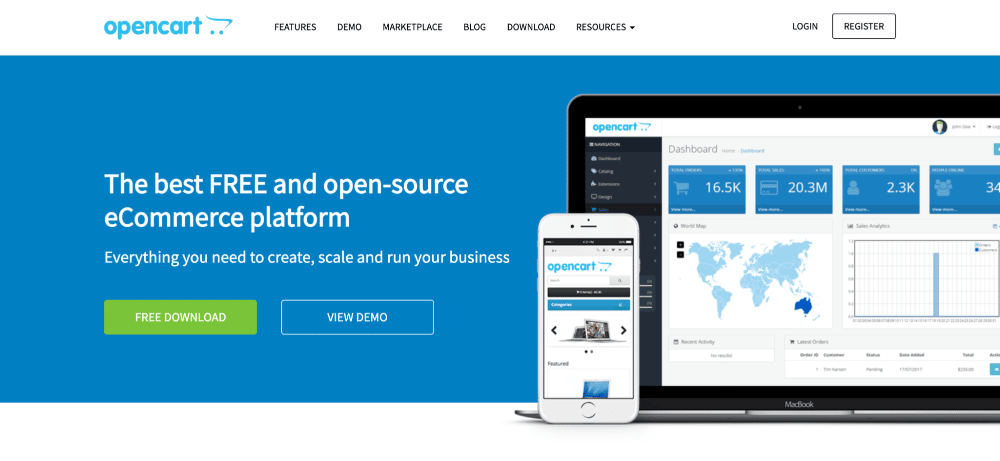 La página de inicio de OpenCart que dice: "La mejor plataforma de comercio electrónico gratuita y de código abierto" en texto blanco sobre fondo azul con una foto del panel de control de OpenCart y una maqueta de OpenCart en móvil a la derecha.