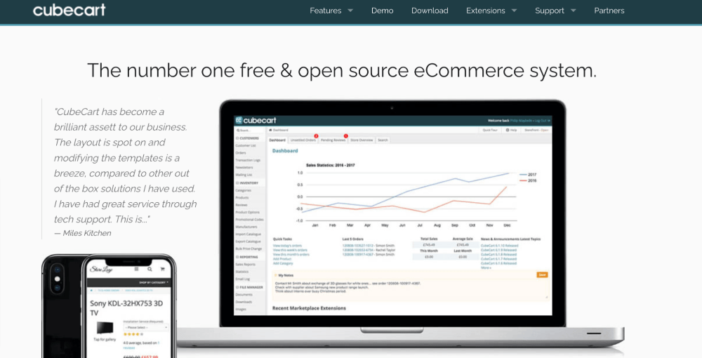 Homepage van CubeCart's opensource e-commerce platform.