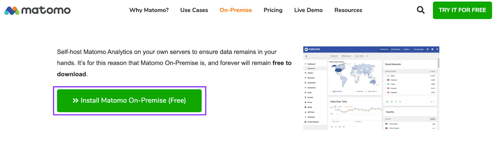 De downloadpagina om Matomo on-premise te installeren