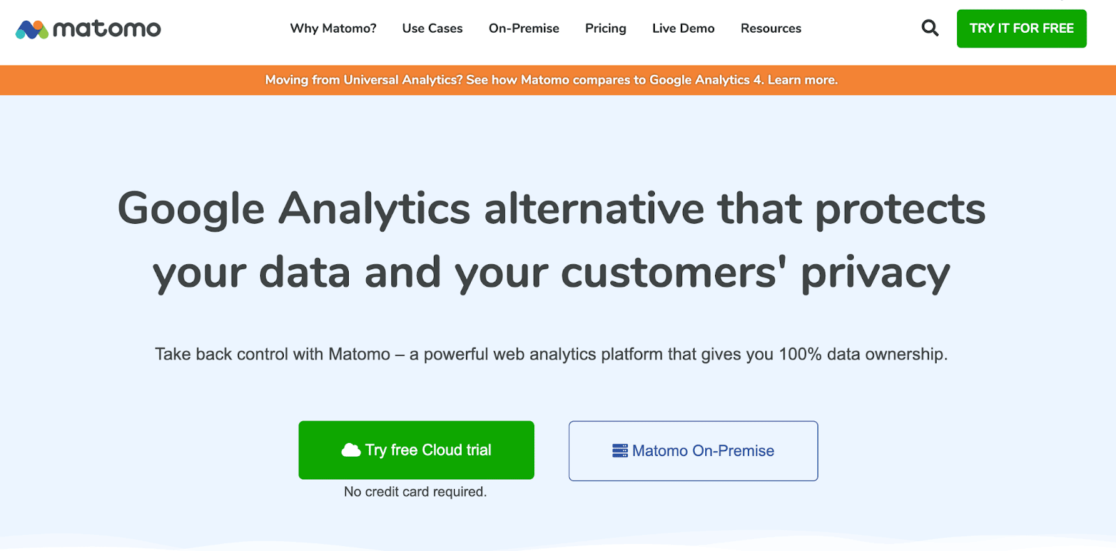 La página de inicio de Matomo, una alternativa a Google Analytics