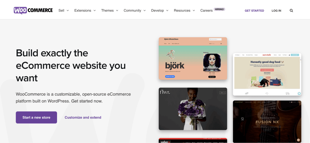 La página de inicio de WooCommerce dice: "Construye exactamente el sitio web de comercio electrónico que deseas" en texto negro sobre un fondo blanco con 4 fotos de páginas de inicio de sitios web.