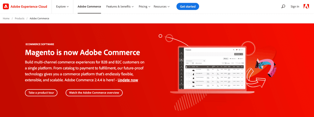 Auf der Homepage von Adobe Commerce steht "Magento ist jetzt Adobe Commerce" in weißer Schrift auf rotem Hintergrund mit einem Foto des Adobe Commerce Dashboards.