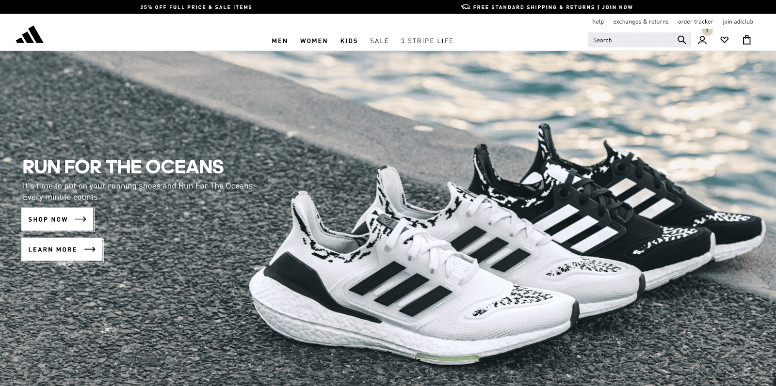 Ein Screenshot zeigt die Homepage von Adidas mit dem Text "Run for the oceans" und einem Foto von mehreren Paar Schuhen