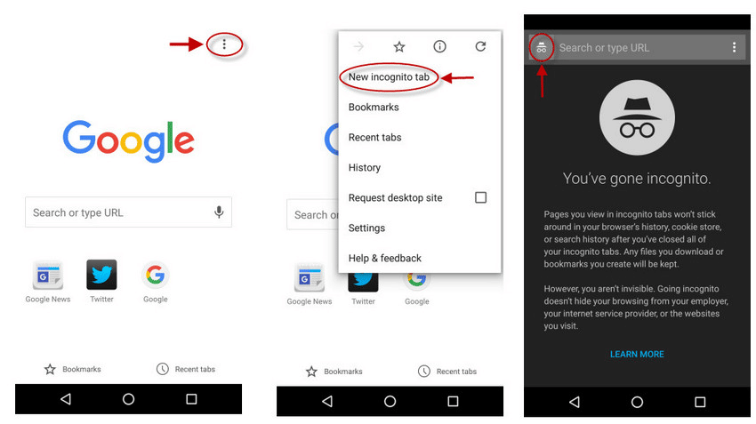 Apertura della modalità incognito in Google Chrome su Android