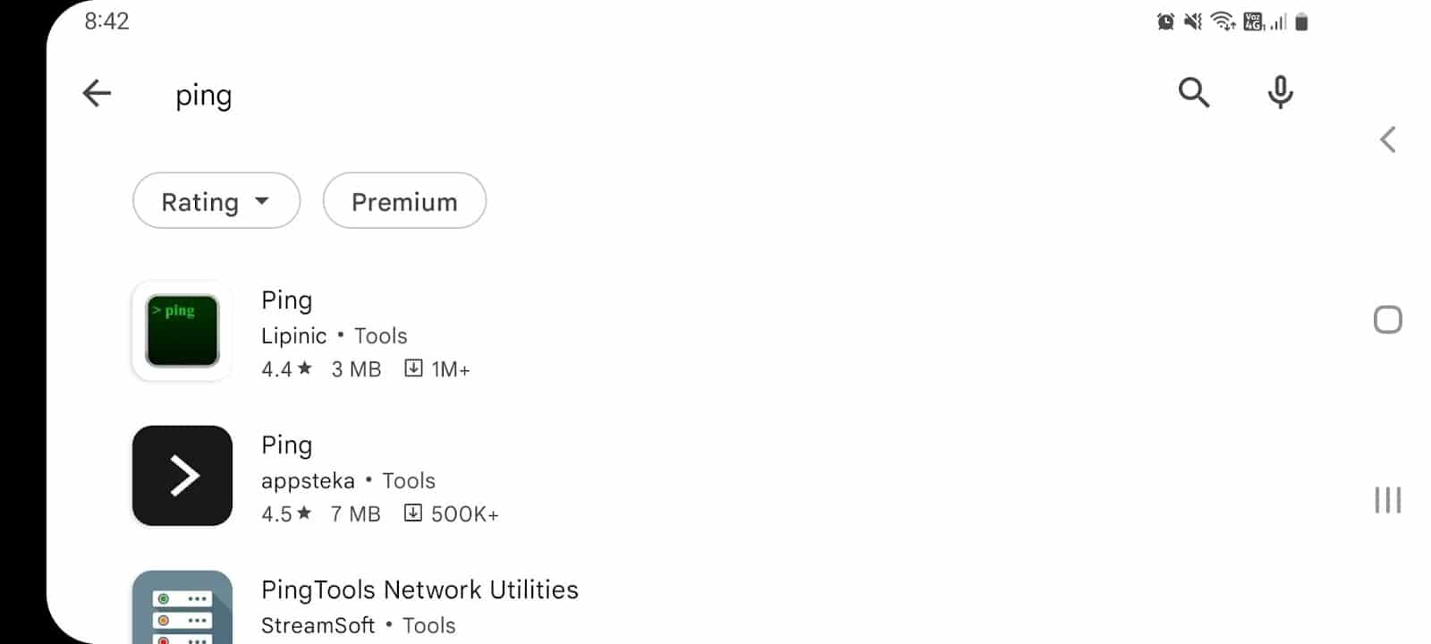 A screenshot of android apps available for pinging