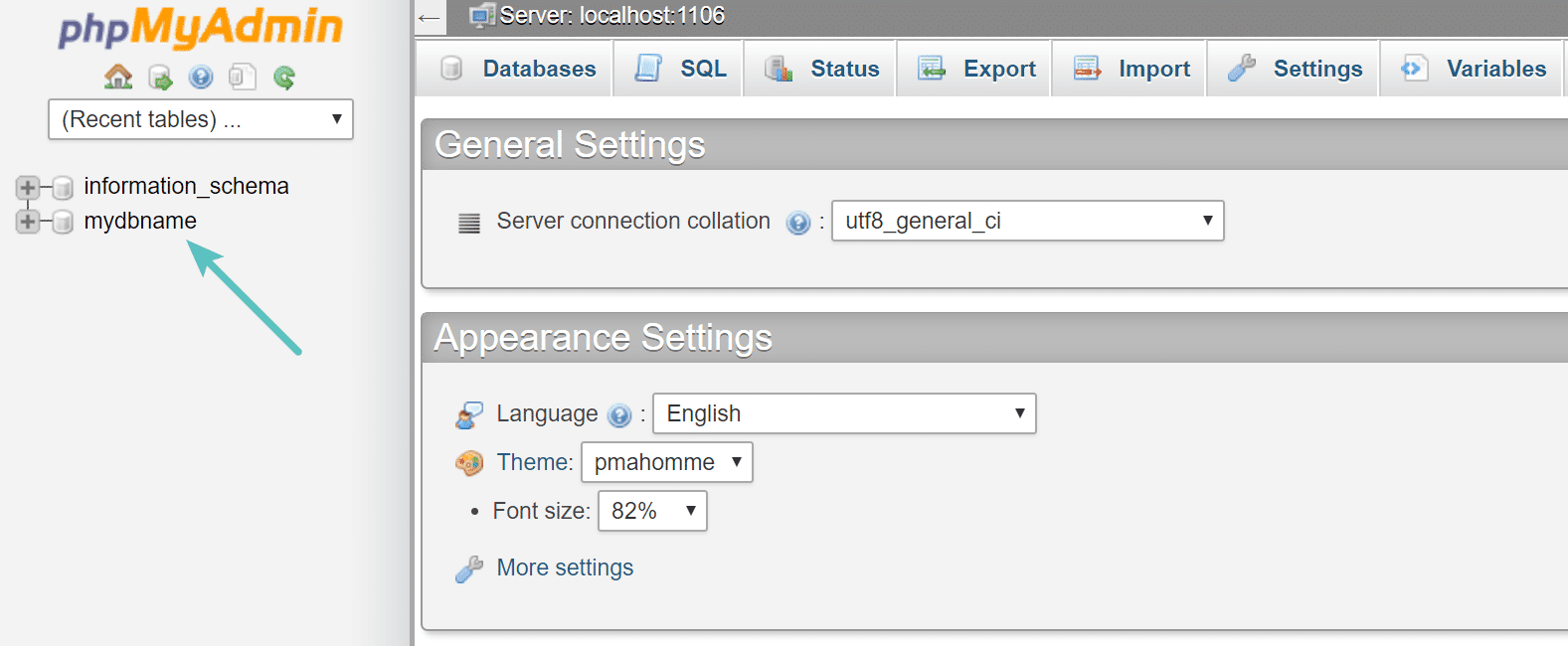 Screenshot: Locating the database name in phpMyAdmin.