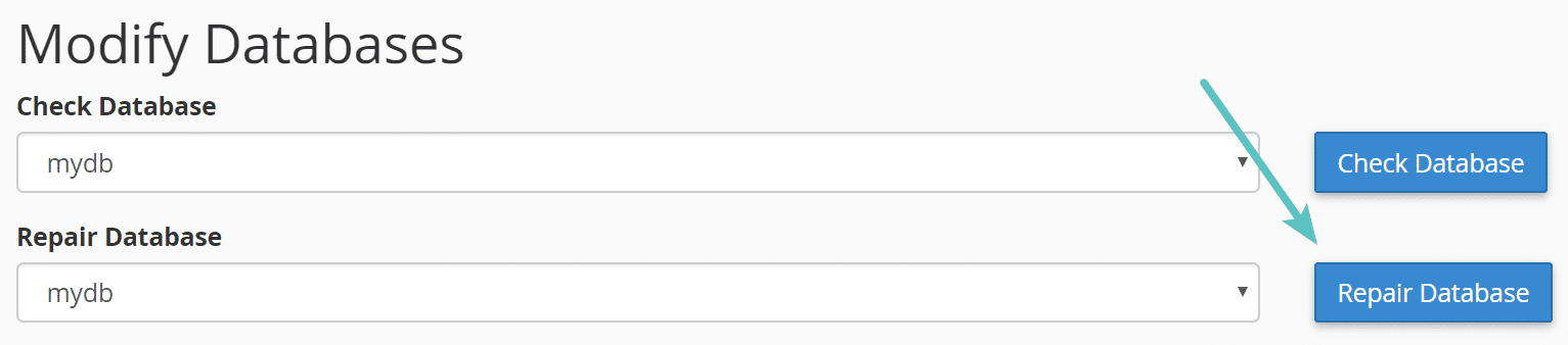 Repair database option in cPanel