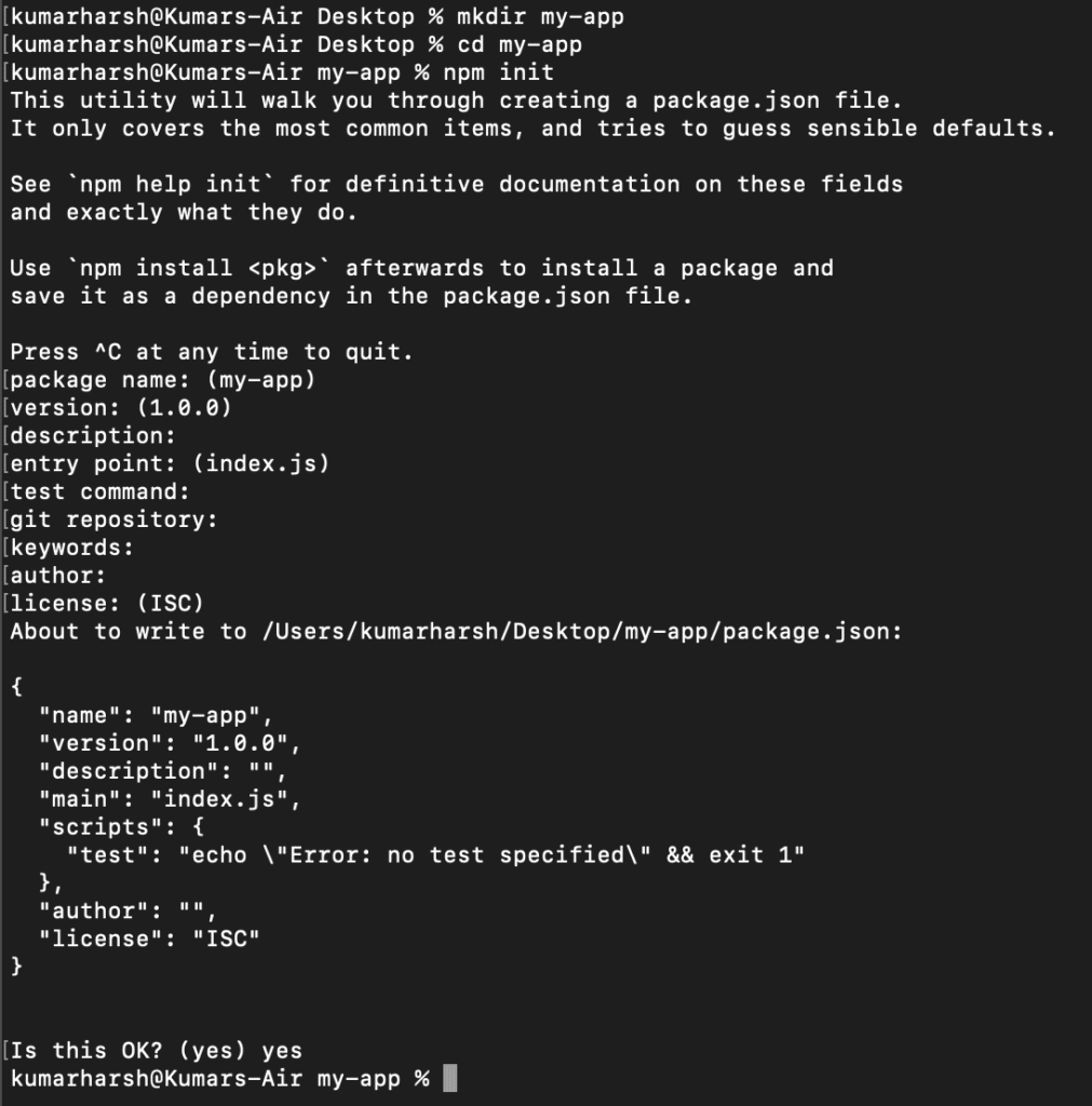 Terminal output showing the steps leading to the initialization of a fresh node app.