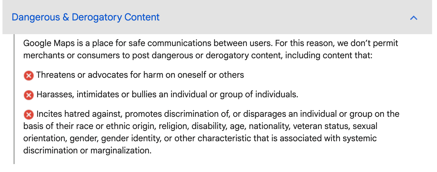 A screenshot of Google’s definition of dangerous content