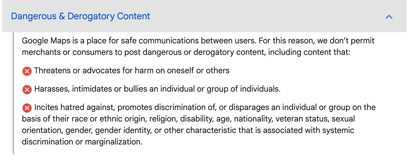 Schermata dalle linee guida di Google che definiscono cosa si intende per contenuti pericolosi