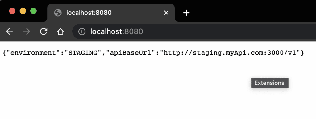 A JSON object with keys environment and apiBaseUrl and values STAGING and http://staging.myApi.com:3000/v1 in each printed on a blank HTML page.