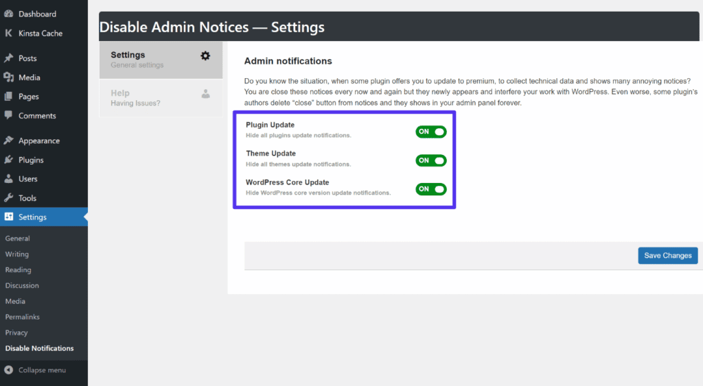 This plugin lets you only hide certain update notifications.