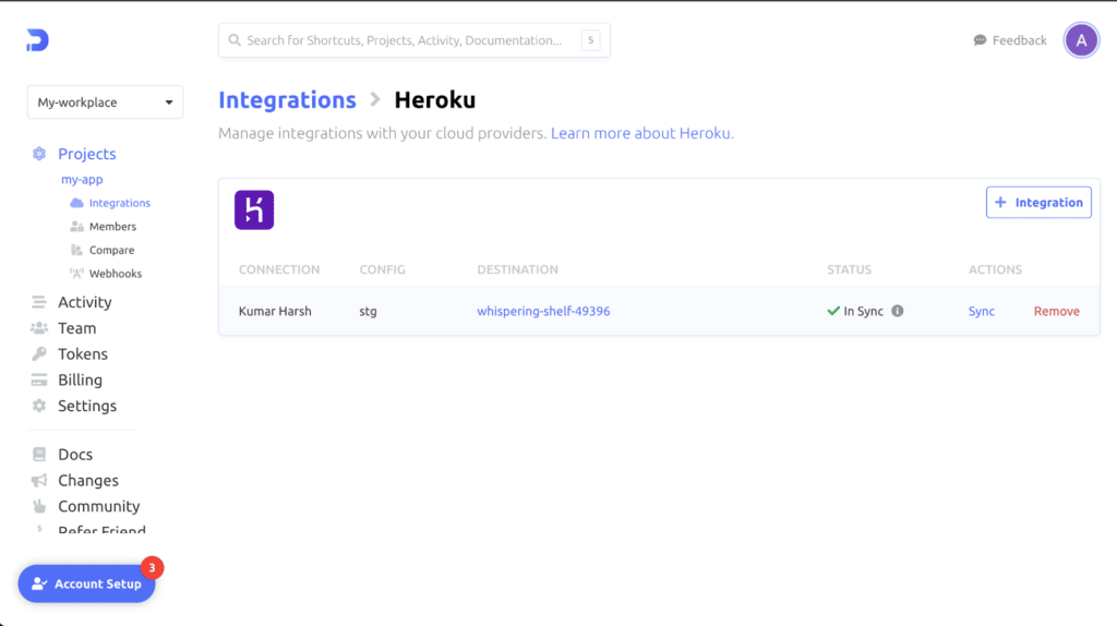 List of integrated apps in Heroku, with the connect name, environment, destination URL, and status.