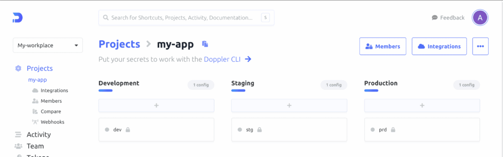 A set of environments with empty lists of variables on the app dashboard in Doppler.