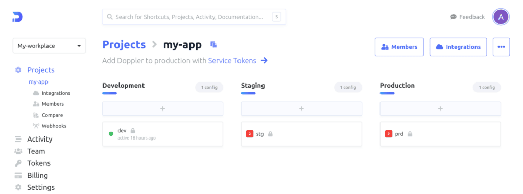 Lists of environment variables under the my-app project with two variables defined under the development environment.