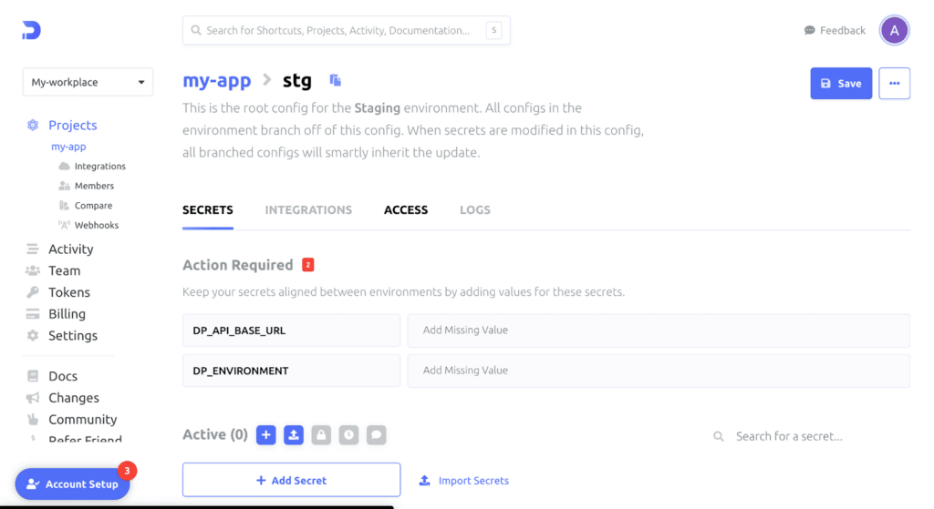 Les variables d'environnement de votre application pour l'environnement de staging.