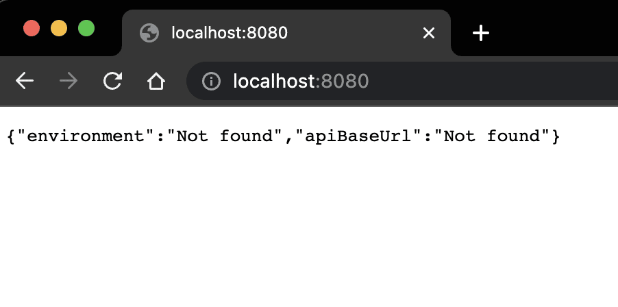 A JSON object with two keys environment and apiBaseUrl with values 