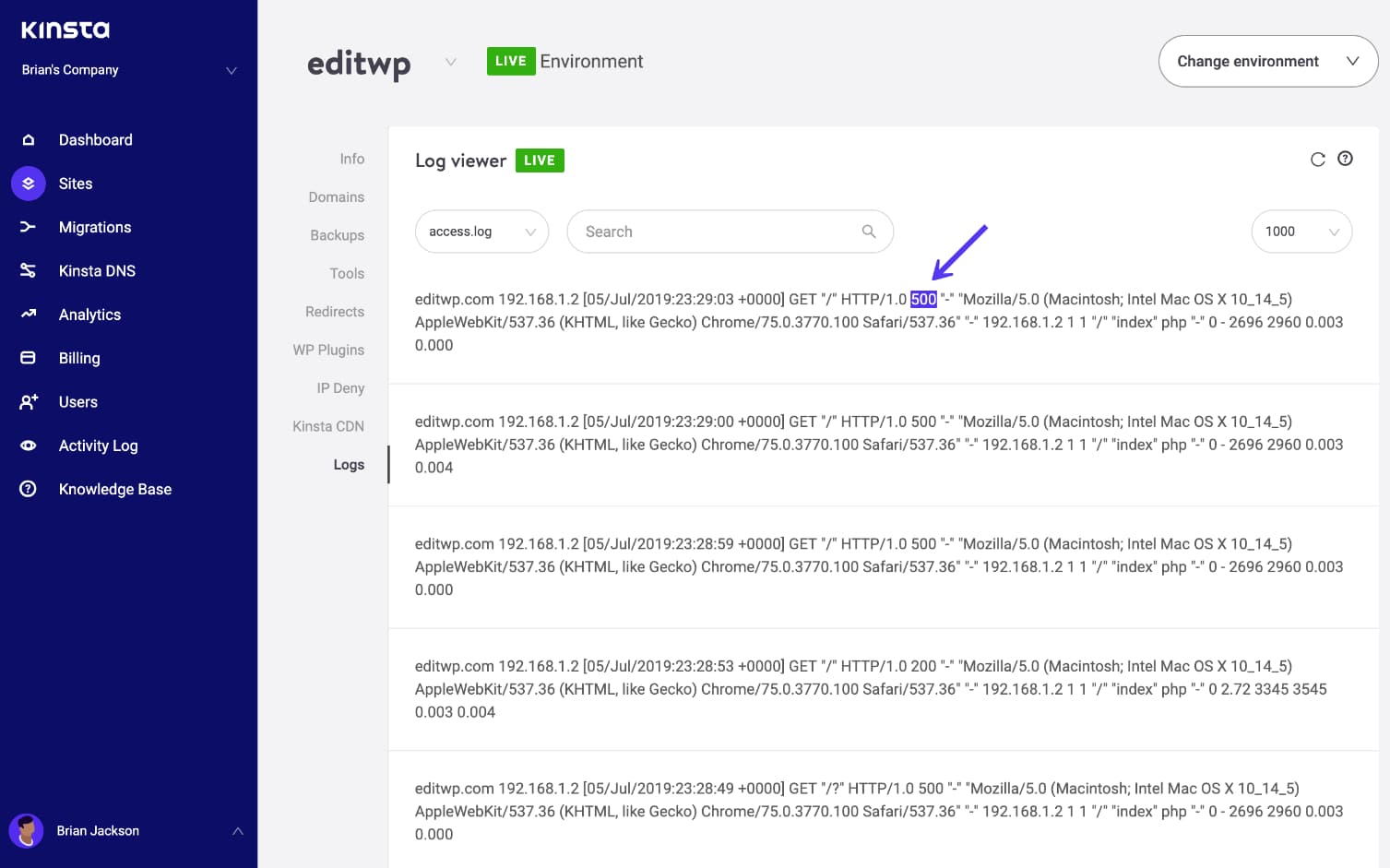 Error establishing a database connection 500 error in MyKinsta