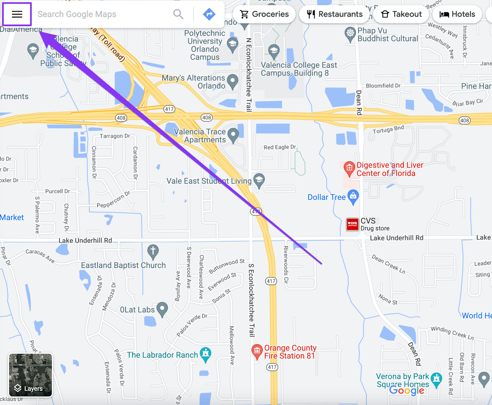An example of how to click on the menu in Google Maps