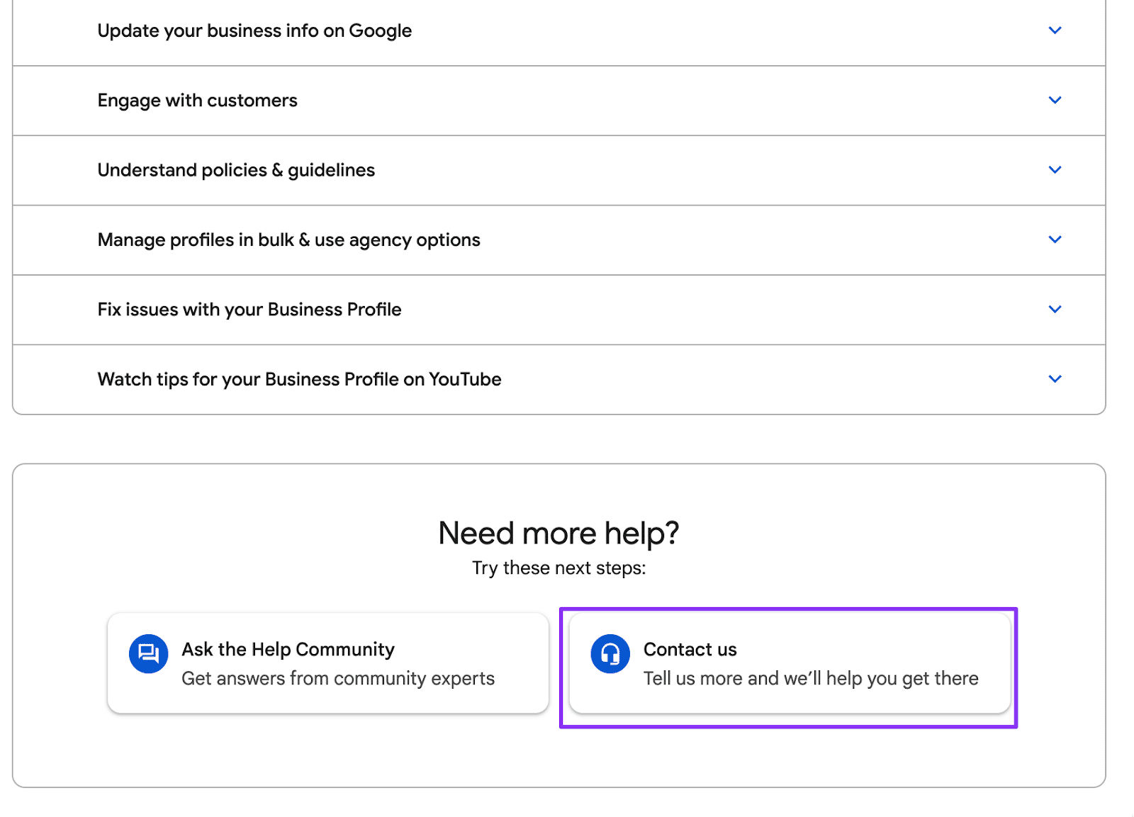 Schermata dalla pagina Google Small Business Support: in fondo due chiamate all’azione per ottenere più assistenza via il forum della comunità o via telefono