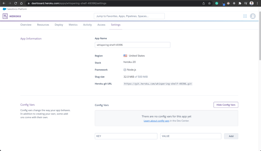 The new app's settings page showing app information and an empty list of configuration variables.