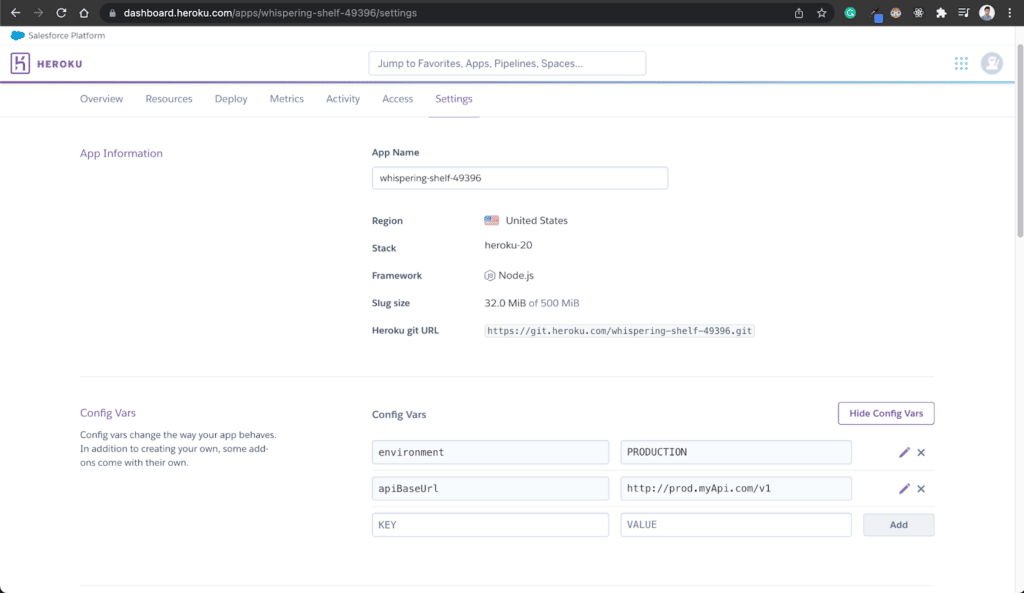 The new app's settings page showing app information and a populated list of configuration variables.