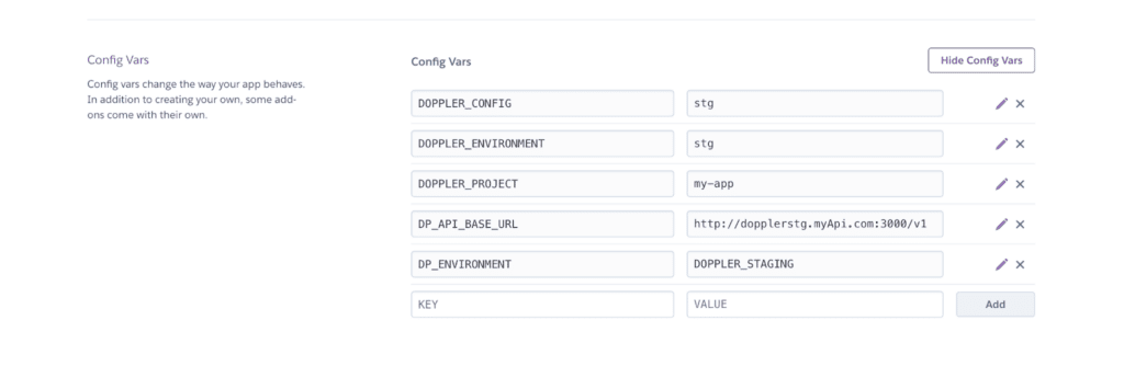 Populated list of environment variables in the Config Vars section of your Heroku app.