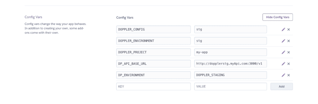 Aufgefüllte Liste der Umgebungsvariablen im Abschnitt Config Vars deiner Heroku-App.