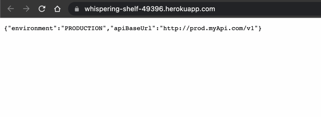 A JSON object with keys environment and apiBaseUrl and values PRODUCTION and http://prod.myApi.com/v1 in each printed on a blank HTML page.