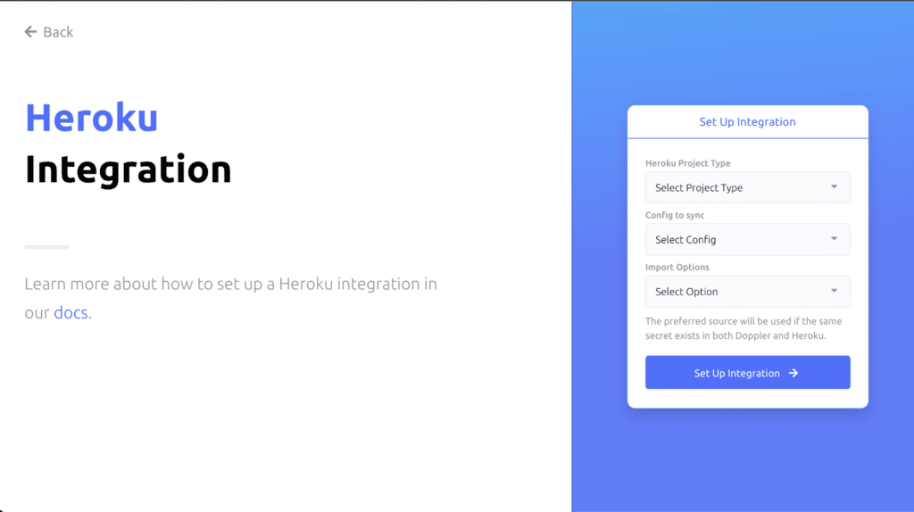 Heroku integration flow with a form on right that asks for project and config details.