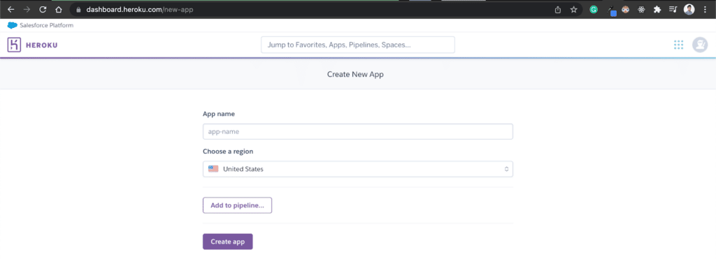 A form with a text input to enter the new app's name and choose a region.