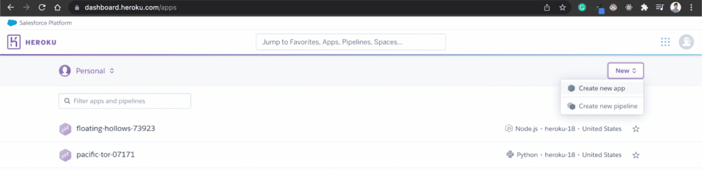 Heroku's dashboard with the new dropdown open showing an option to create a new app.