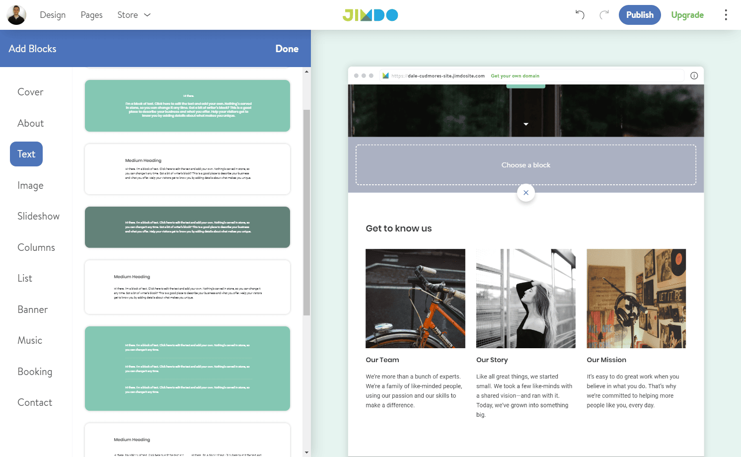 A interface do construtor do site Jimdo em ação