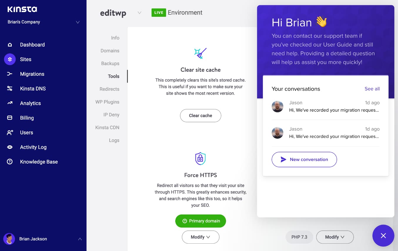 Contact Kinsta support right from MyKinsta dashboard