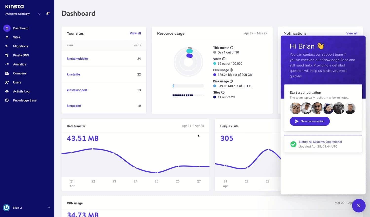 Painel de controle de hospedagem MyKinsta.