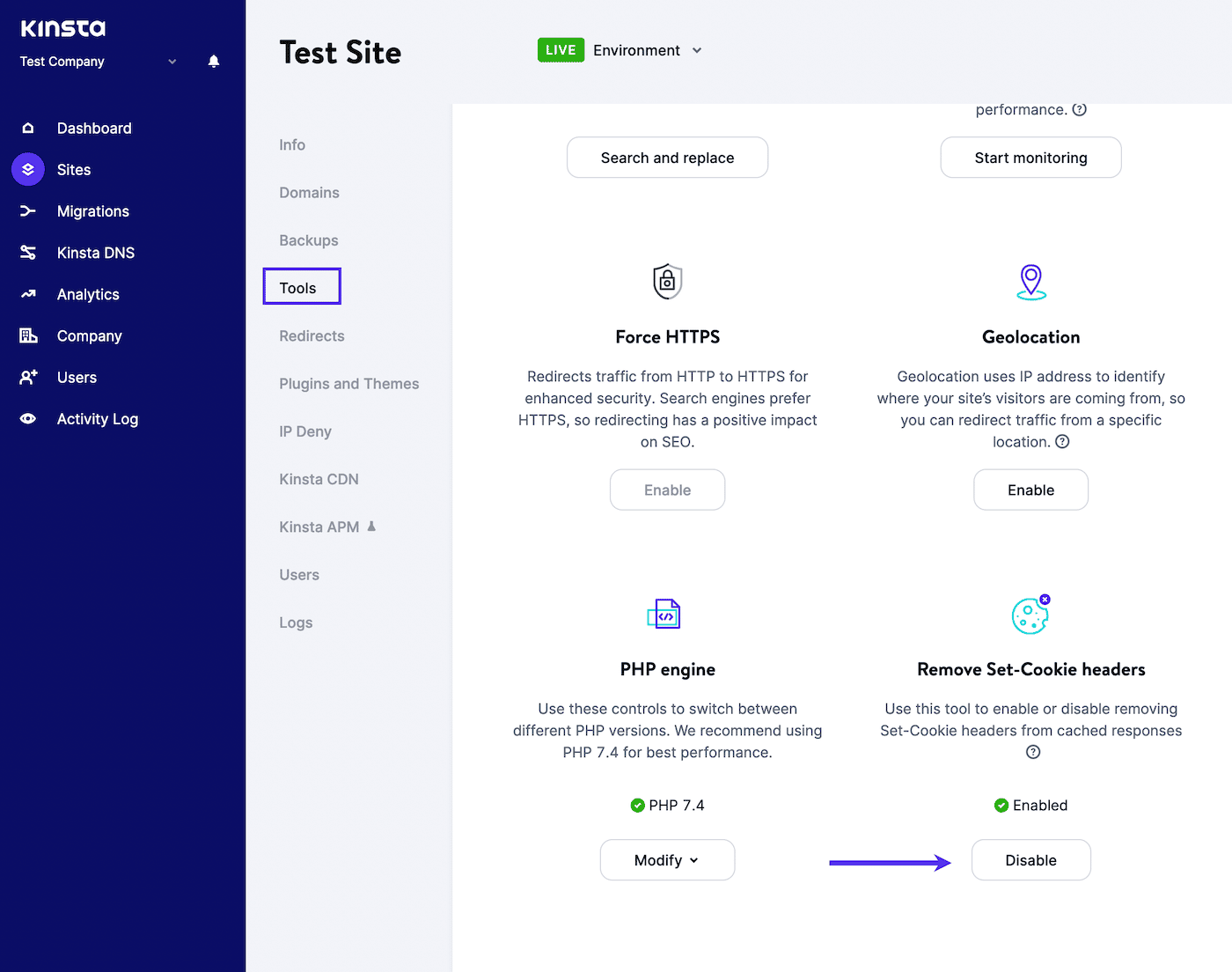 MyKinsta dashboard showing a highlight box around the "Tools" option and an arrow pointing to the "Disable" button beneath the "Remove Set-Cookie headers" tool.