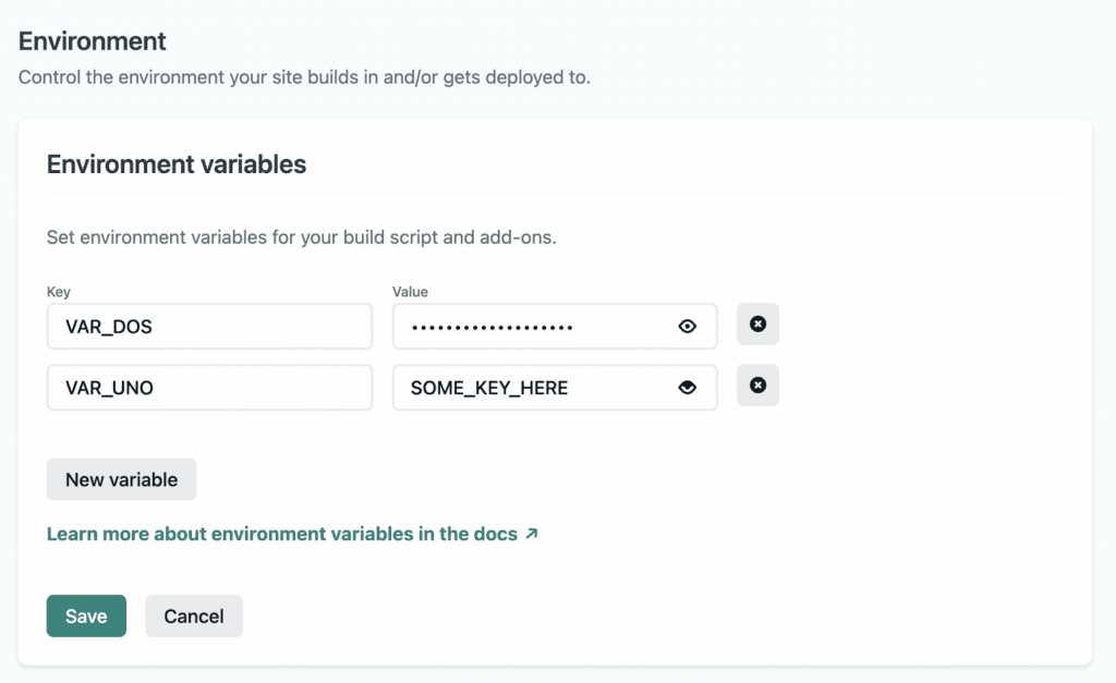 Screenshot des Netlify-Managers für Umgebungsvariablen mit einer editierbaren Liste von Schlüsseln und Werten