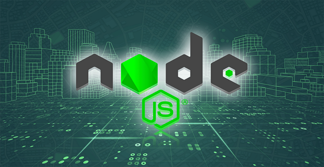 Ein Bild mit einem abstrakten grünen Hintergrund und dem offiziellen Node.js-Logo in der Mitte.