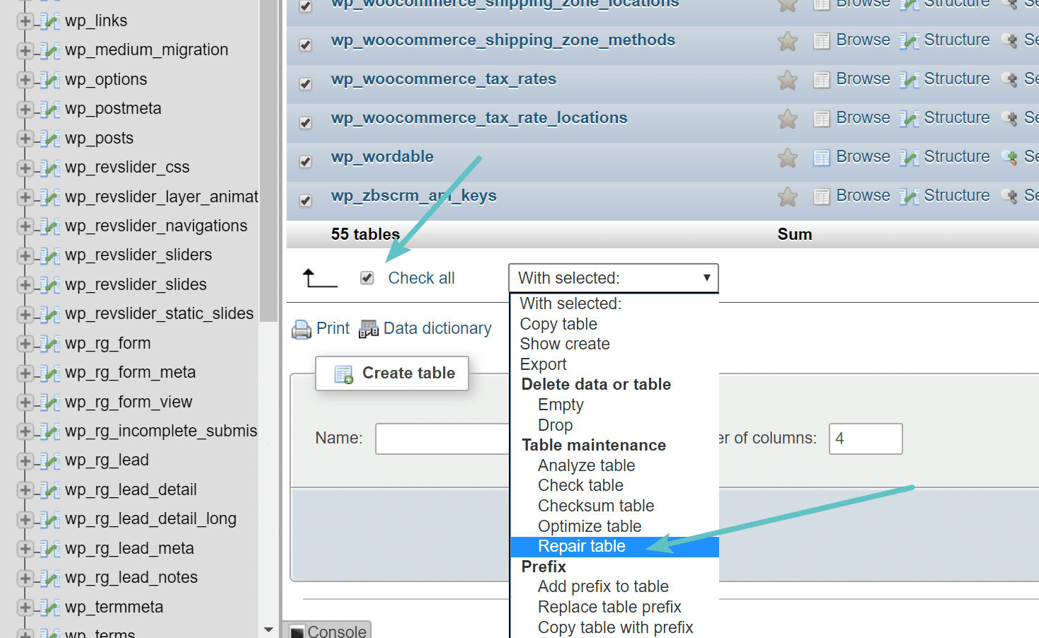 phpMyAdminでテーブルを修復