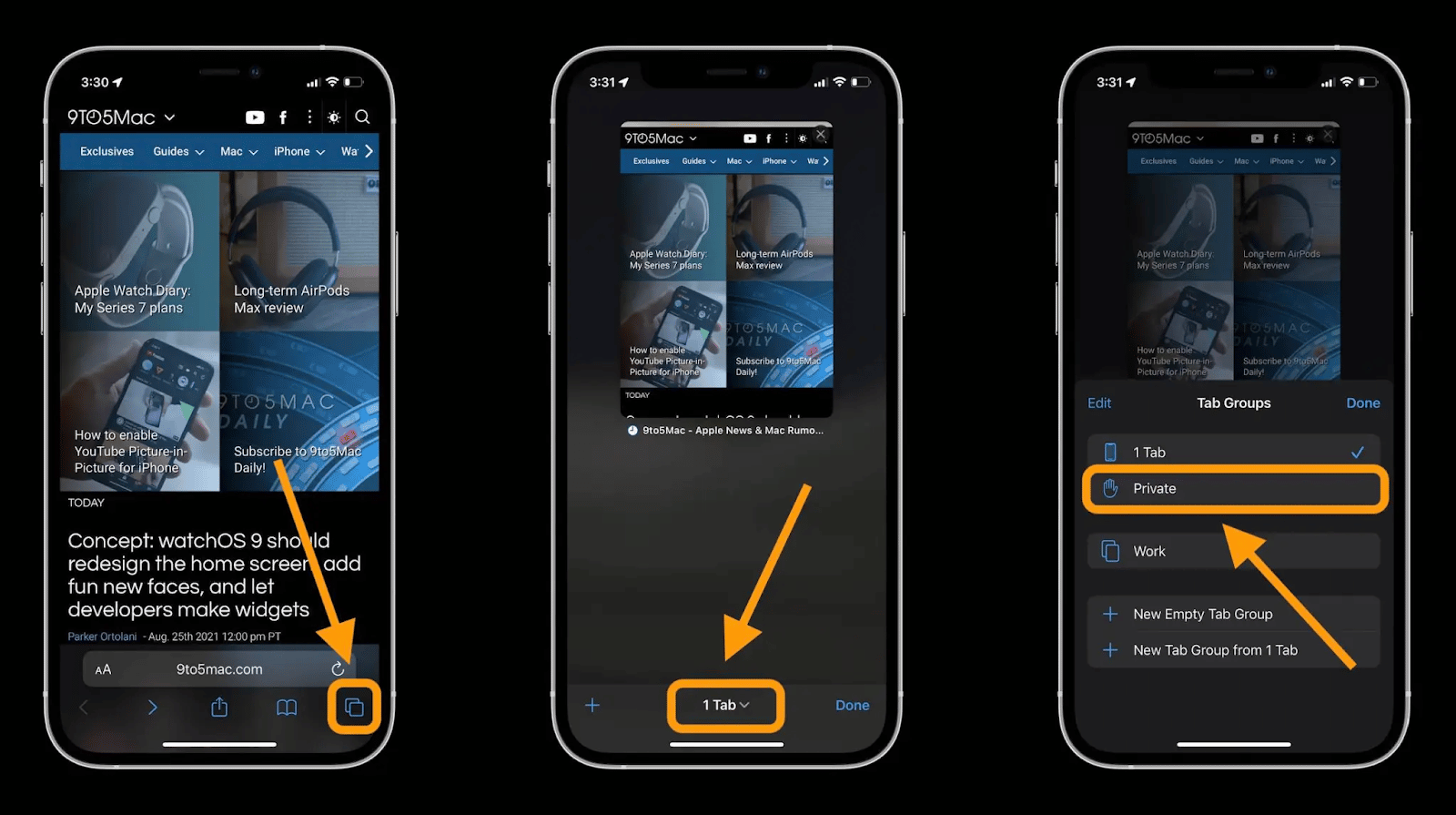 Ouverture du mode incognito dans Safari sur iOS 15