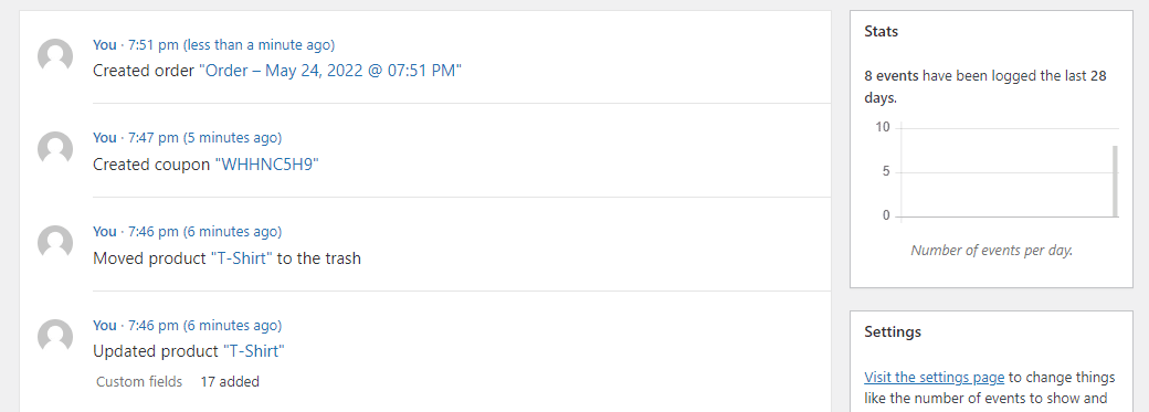 The WooCommerce activity log.